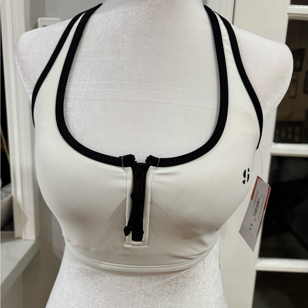 Zip-Front White Sports Bra with Black Trim - Women Intimates